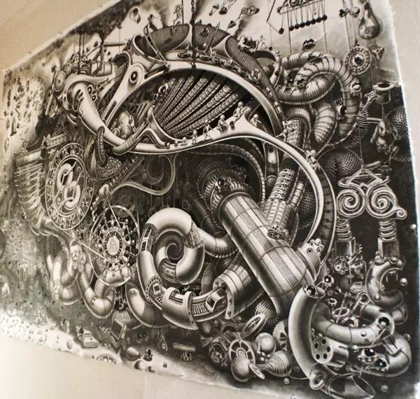 来自美国的艺术家 samuel gomez 擅长大型素描,他的画作结合机械和
