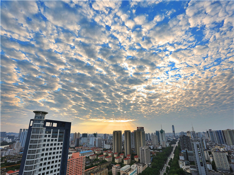 26日傍晚,南宁上空再现"透光高积云",伴随夕阳的光