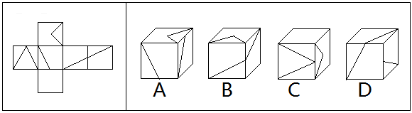 3.左侧给定的是纸盒的外表面,下列哪项能由左侧图形折叠而成?()