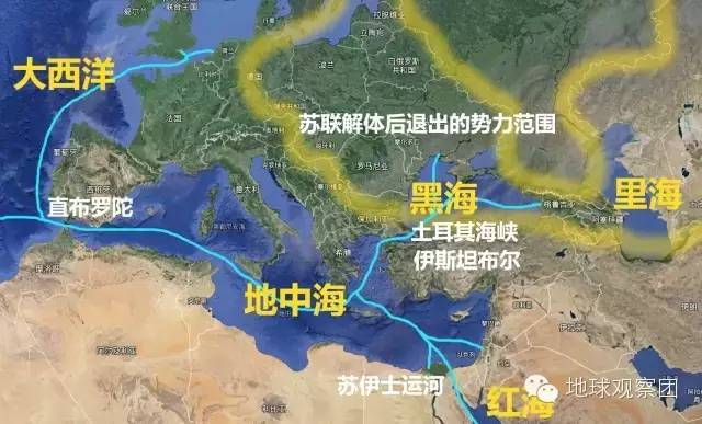 黑海有东北,西南两个出口,东北通过刻赤海峡沟通更小的亚速海,西南图片