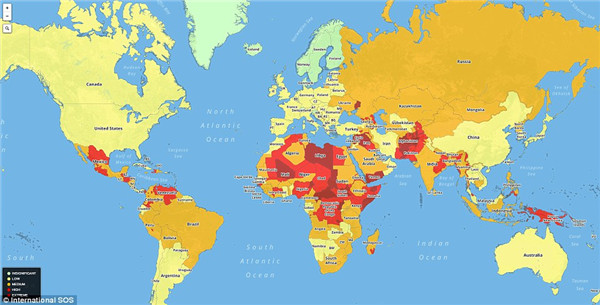 特制地图揭示全球最危险旅游胜地,中国旅游地图,泰国旅游地图中文版,三亚旅游地图