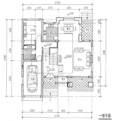 新农村自建3层11.7米×12.9米小别墅带车库二层平面图