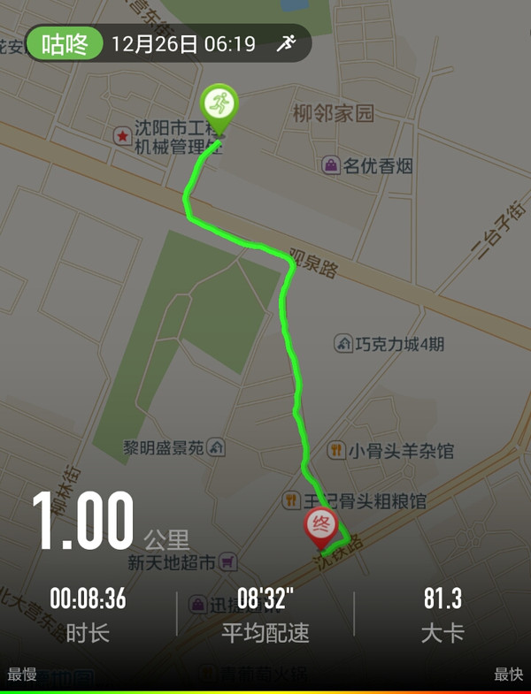 贴地飞行跑团:贴地飞行大宏12月26日打卡1.00/km