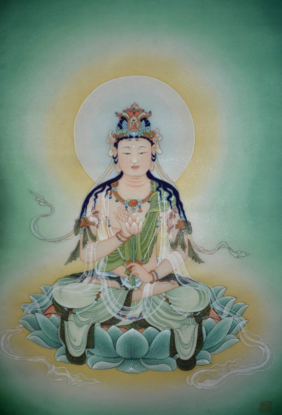 慧馨居士恭绘《圣观音菩萨》绢本 矿物颜色 40cmx70cm