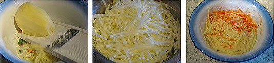 2,往胡萝卜丝上撒面粉,用筷子挑,直到所有的土豆,胡萝卜丝上都裹满