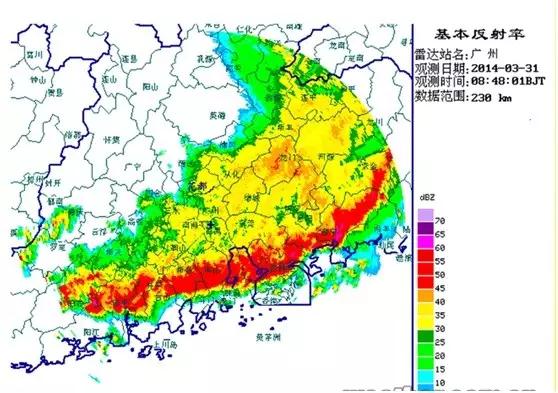 的强对流云带,在雷达图上常显示为一条强回波带(如下图中的红色长条)