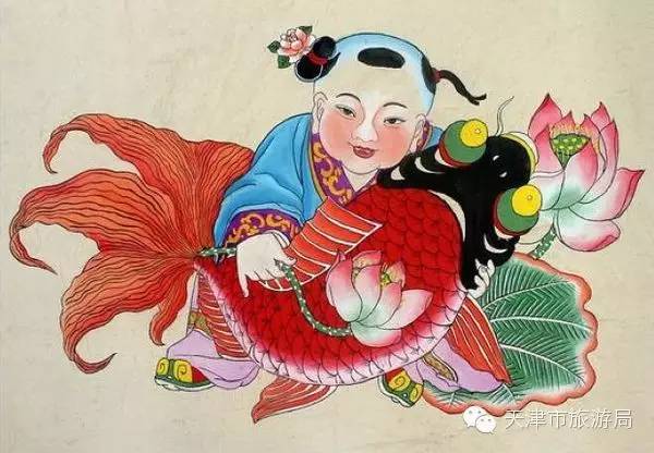 这也是杨柳青娃娃年画典型的作品之一:贵子光头梳一顶辫,坐地双手报