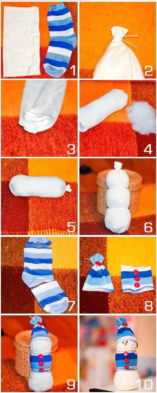 >>>> 玩具篇 棉花或者旧布填塞袜子,就可以缝制萌萌哒雪人啦