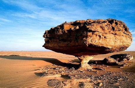 风蚀蘑菇是指在干旱半干旱地区,孤立岩石经风沙侵蚀而成的蘑菇状岩体.