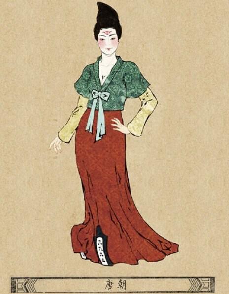 唐朝中晚期女装款式----晚唐时世宽妆束,衣裙宽松.