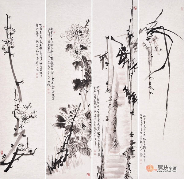 国画花鸟四条屏推荐欣赏:曲展四条屏花鸟画作品《梅兰竹菊》 作品来源
