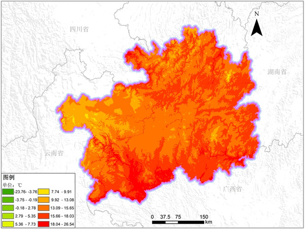 2000年-2010年贵州省多年平均气温空间分布数据