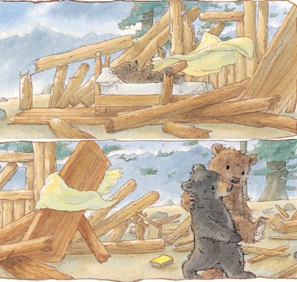 小棕熊的房子被吹倒了.   正好砸在小棕熊的身上.