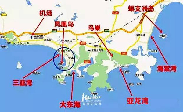 三亚一共有4个海湾(如图所示,蓝色圈子圈着的是三亚市区),从西到东