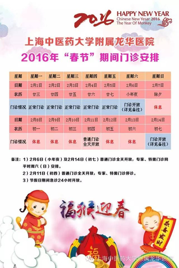 2016年上海各大医院春节门诊时间,看这条就够