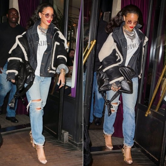 时尚功力深厚的Rihanna也经常穿着剪羊毛外套出通告、赶飞机,内搭往往是休闲的T恤或卫衣,其实御寒就是这么简单。