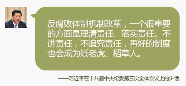落实党委的主体责任和纪委的监督责任,强化责任追究。反腐败体制机制改革,一个很重要的方面是理清责任、落实责任。不讲责任,不追究责任,再好的制度也会成为纸老虎、稻草人。这次三中全会提出,落实党风廉政建设责任制,党委负主体责任,纪委负监督责任。