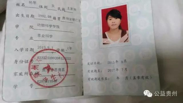 二女儿杨琴学生证.