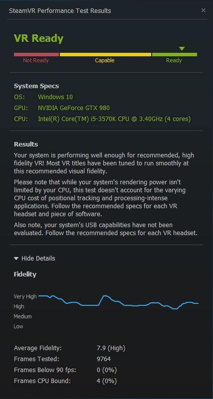 该图说明这台电脑适合运行HTC Vive的内容，其系统为Windows 10，显卡是GTX 980，处理器是i5-3570k。当然，如果能获得这款测试工具的好评，再检查一下内存是否达到8GB以及视频输出端口是否能兼容HDMI 1.3，就能确认这台电脑是否同样能够运行Oculus Rift了。
