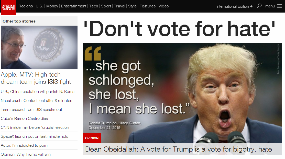 CNN网站首页批特朗普:嘴脸这么丑 怎配当总统