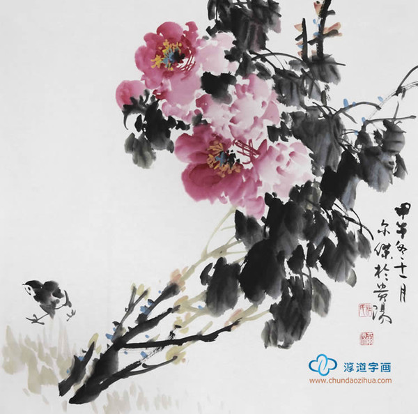淳道字画签约画家 杜尔杰四尺斗方花鸟画国画牡丹《牡丹》