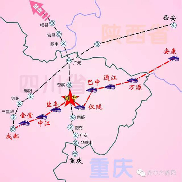 核心区域的成(都)安(康)高铁,线路走向以成都-金堂-中江-三台-盐亭