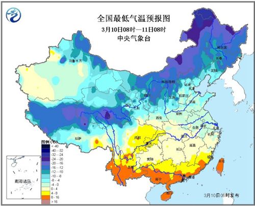 中国江南中南部气温降至4～8℃ 华南等地大风