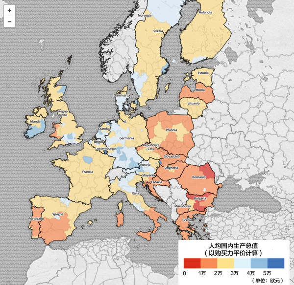 以下是依据欧洲统计局的数据绘制的2014年欧洲各国人均gdp分布图.