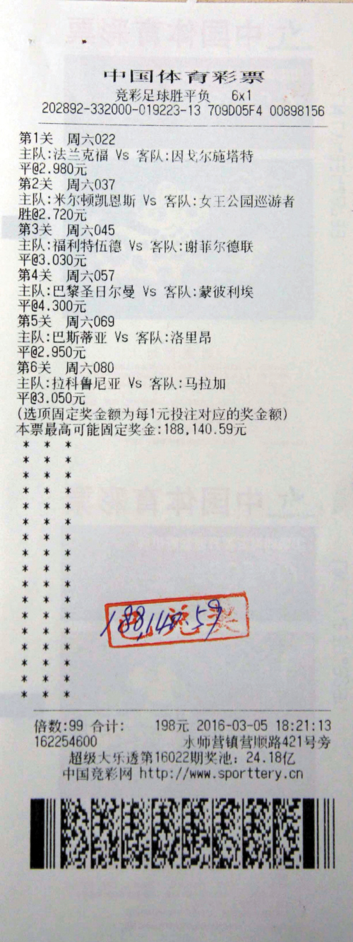 该投注站一位彩民购买的一张竞彩足球"6串1"彩票,喜中奖金18.8万元.