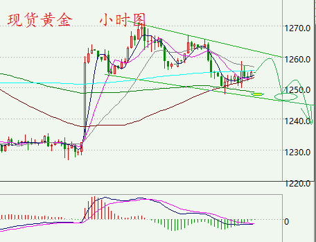 下周黄金依然看好继续下跌调整，周五跌破1255之后就已经确立是弱势格局，日线上跌破1248之后将加速，未跌破1248之前仍然会在高位徘徊，操作上，下周一以1258——1260为高点及进场点继续做空黄金。