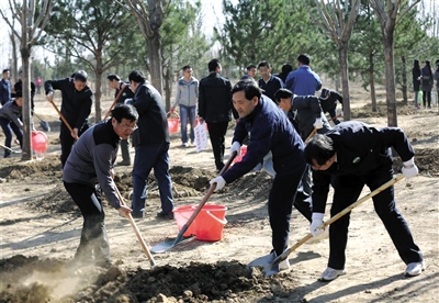 昨日，来自中共中央直属机关，中央国家机关各部委、单位和北京市的150名省部级领导干部在北京通州区台湖镇文化旅游区绿化地块参加义务植树活动。图/新华网