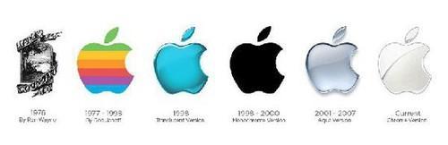 苹果创办人乔布斯后来重新委托广告设计，最后使用彩虹条纹、被咬了一口的苹果图像。这个标志一直使用至1998年，在iMac发布时修改成为双色系列。