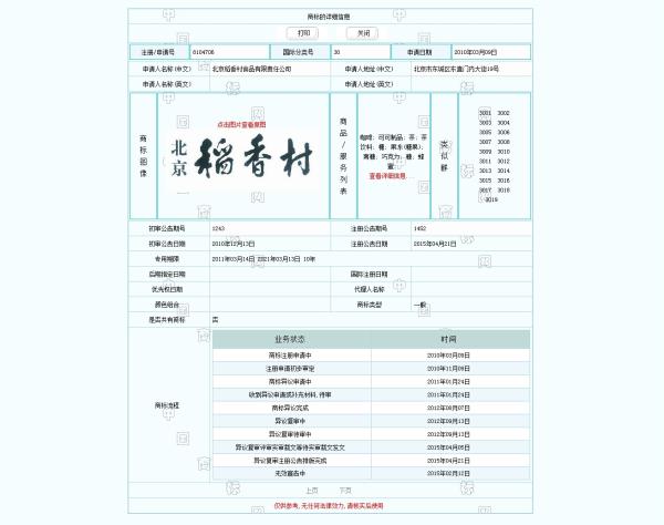 北稻的“稻香村“牌号
