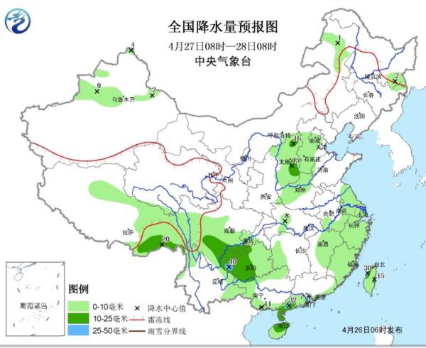 4月27日和28日全国降水量预报图