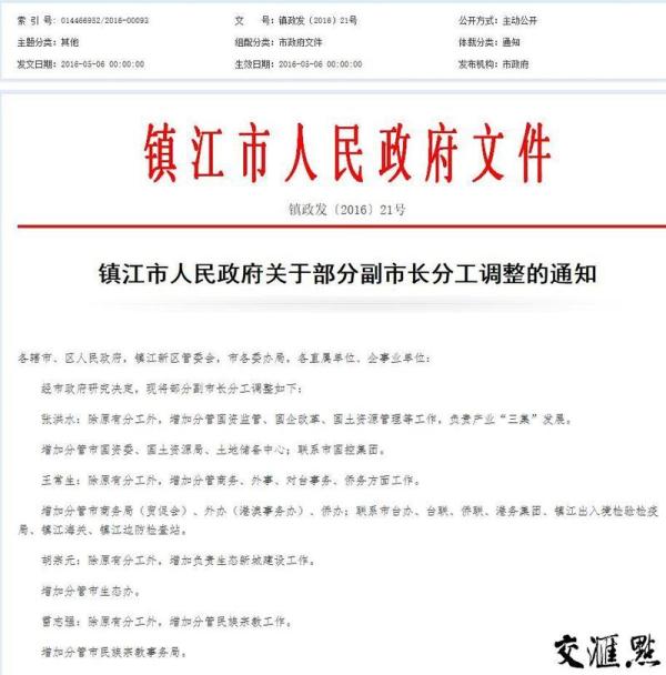 江苏镇江调整部分副市长分工:蒋建明未出现在政府领导名单中(组图)