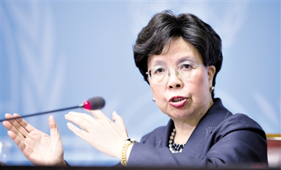 5月17日，世界卫生组织总干事陈冯富珍在瑞士日内瓦举行记者会。