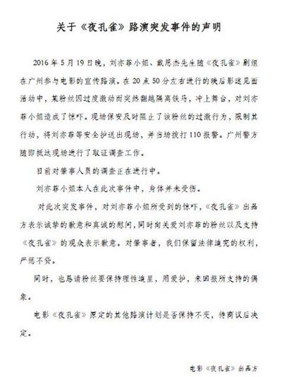 刘亦菲宣传电影被男子扑飞 律师称可处10日以下拘留