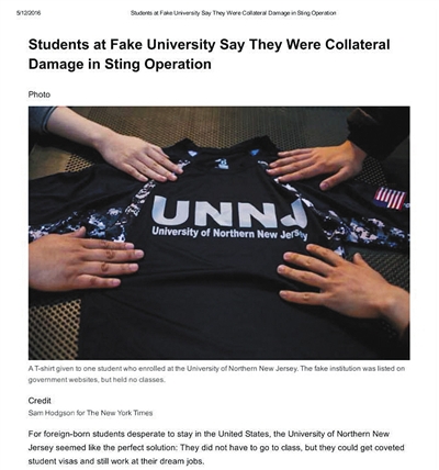《纽约时报》刊发了此次野鸡大学钓鱼执法事件，图为北新泽西大学入学登记的学生提供的学校T恤。