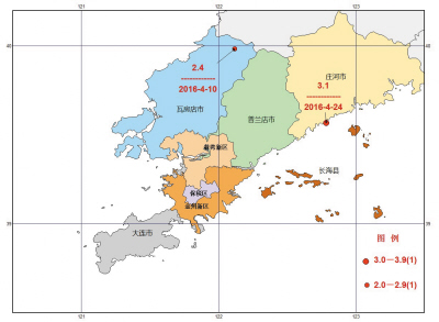 大连地区4月份地震震中分布图