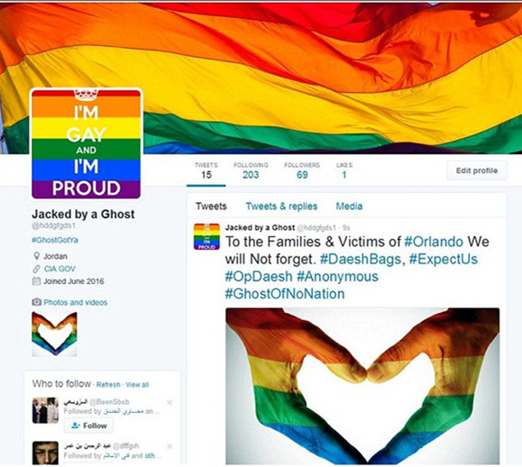 恐怖组织IS推特账户上的资料照片被彩虹旗、同性恋游行标志等取代。网页截图
