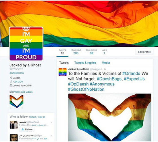 恐怖组织IS推特账户上的资料照片被彩虹旗、同性恋游行标志等取代。（网页截图）