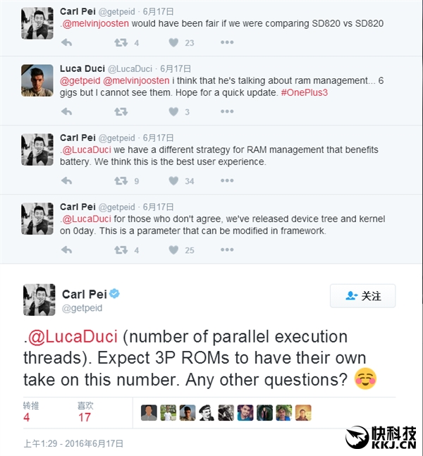 對此，一加聯合創始人Carl Pei在推特回複網友表示，一加3的確做了一些內存控製，邏輯用意在於保證電池續航，這是他們理解的“用戶體驗”。