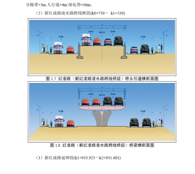 红凌路(新红凌路凌水路跨线桥段)桥头引道,桥梁横断面示意图.资料图