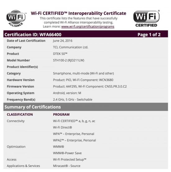 Wi-Fi Alliance资料显示，TCL一款名为DTEK-50的设备刚刚获得Wi-Fi认证，该机器运行Android 6.0系统，固件号为AAF295，设备型号为STH100-2 (RJD211LW)。这与黑莓有什么关系呢？问题出在DTEK这个名称上。