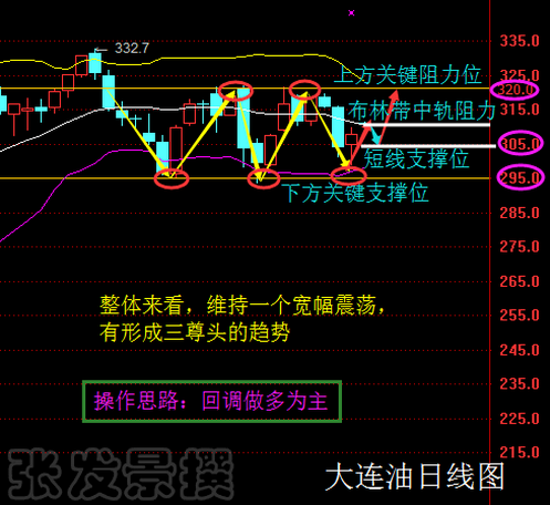 技术分析及交易思路：原油昨日下方受到前期低点的46美元的支撑止跌反弹，大连油日线上来看油价维持宽幅震荡，加上布林带持平运行，预计后期会形成一个三尊头的趋势，午夜操作逢低做多为主，其中要关注布林带中轨的阻力情况。