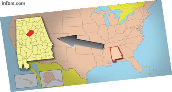 杰斐逊县在阿拉巴马州在美国的位置. (冯飞/图)