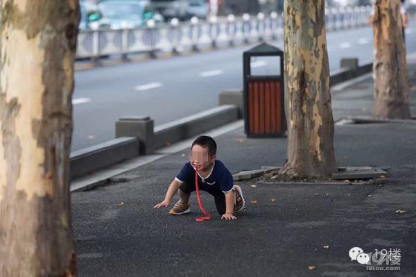 大妈坐马路边 边抽烟边让孙子学狗爬(图)