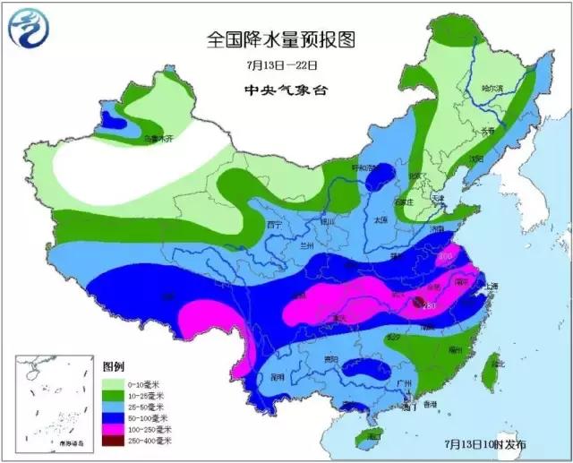 中央气象台13-22号的雨量预报图里, 100毫米以上雨区贯穿长江上、中、下游,防洪形势严峻。