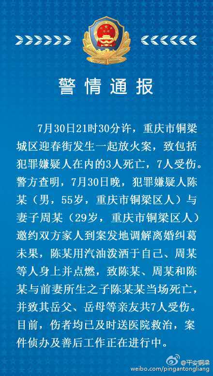 重庆市铜梁区公安局官方微博“@平安铜梁”发布的警情通报。 微博图片