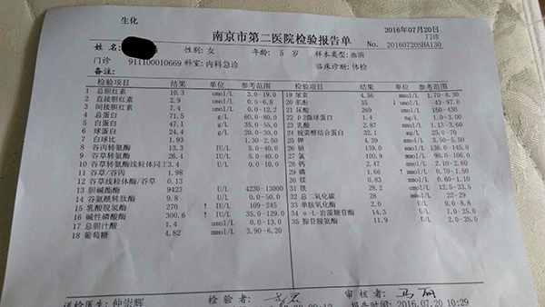 涵涵在南京二院血液检查后的部分指标依然与正常值不符。